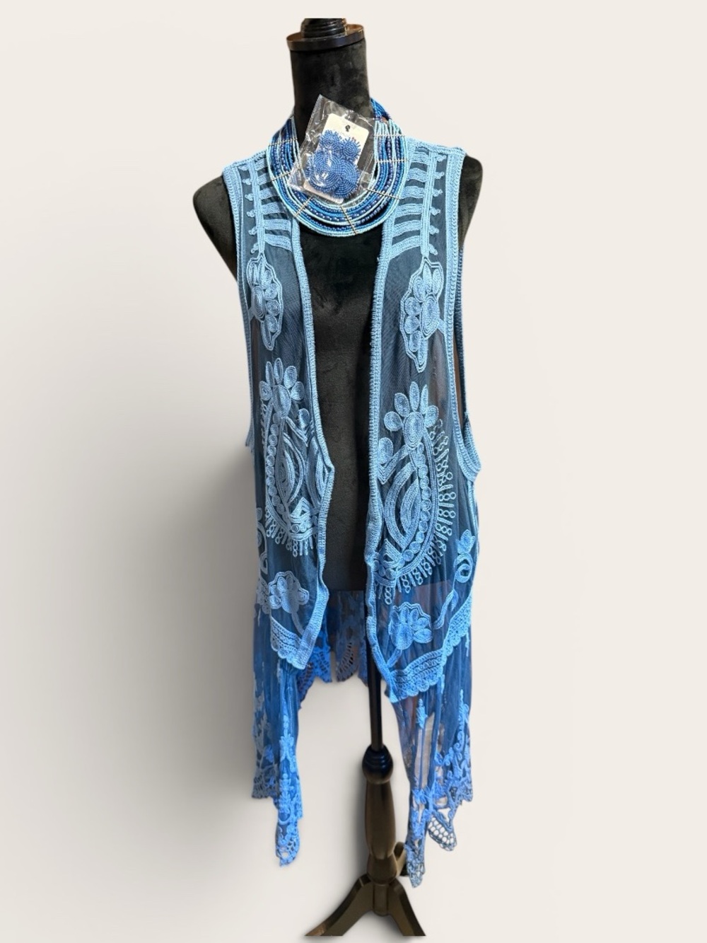 Origami Blue Lace Crochet Open Front Vest Paired with Seed Bead jewelry